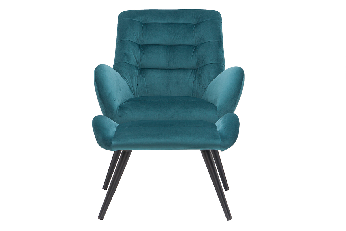 Fauteuil et repose-pieds design en tissu velours bleu ptrole et mtal noir ZOE