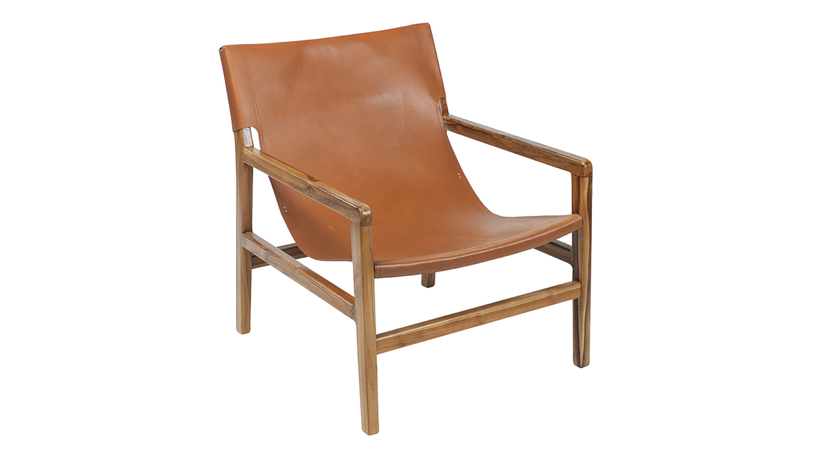 Fauteuil ethnique bois teck massif et cuir marron CHILLY