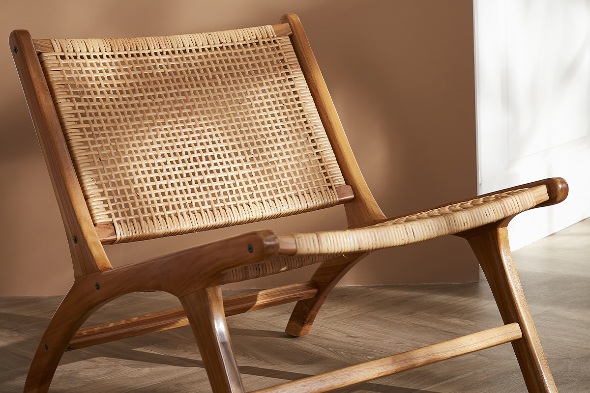 Fauteuil ethnique en bois teck massif et cannage en rotin naturel HAMMA