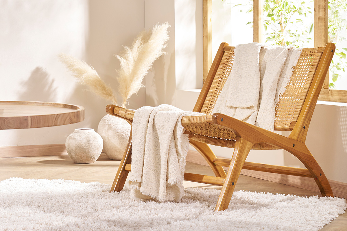 Fauteuil ethnique en bois teck massif et cannage en rotin naturel HAMMA