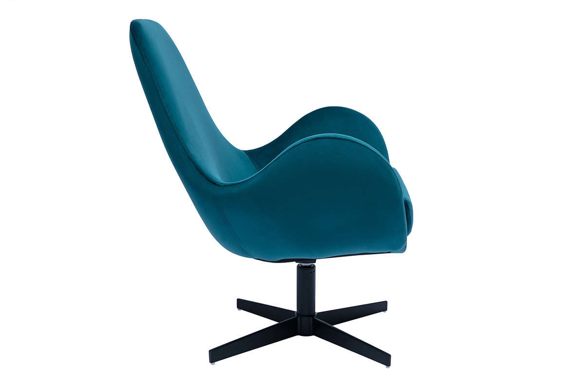 Fauteuil pivotant design en tissu velours gaufr bleu canard et mtal noir ANDY