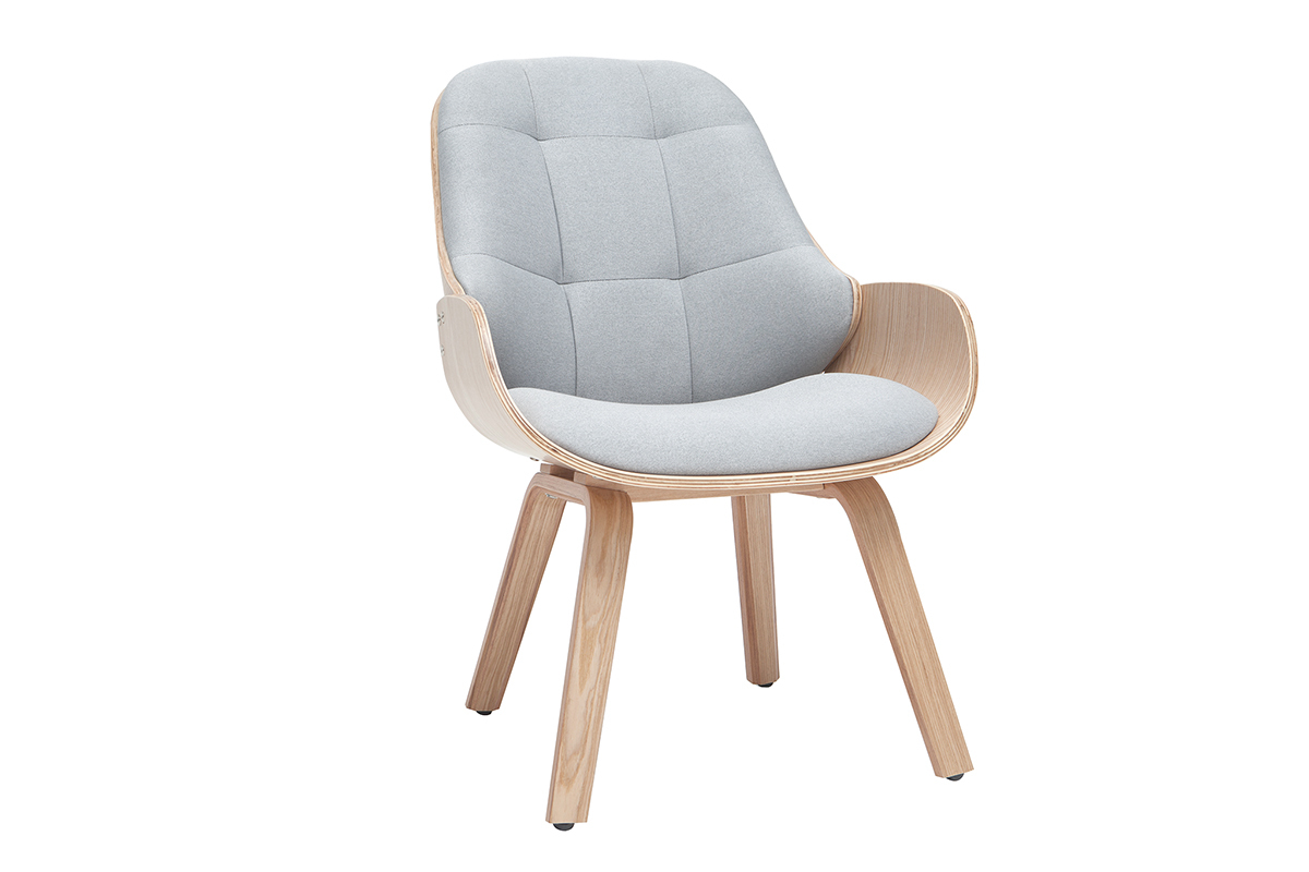 Fauteuil scandinave avec repose-pieds en tissu gris clair et bois clair VIVI