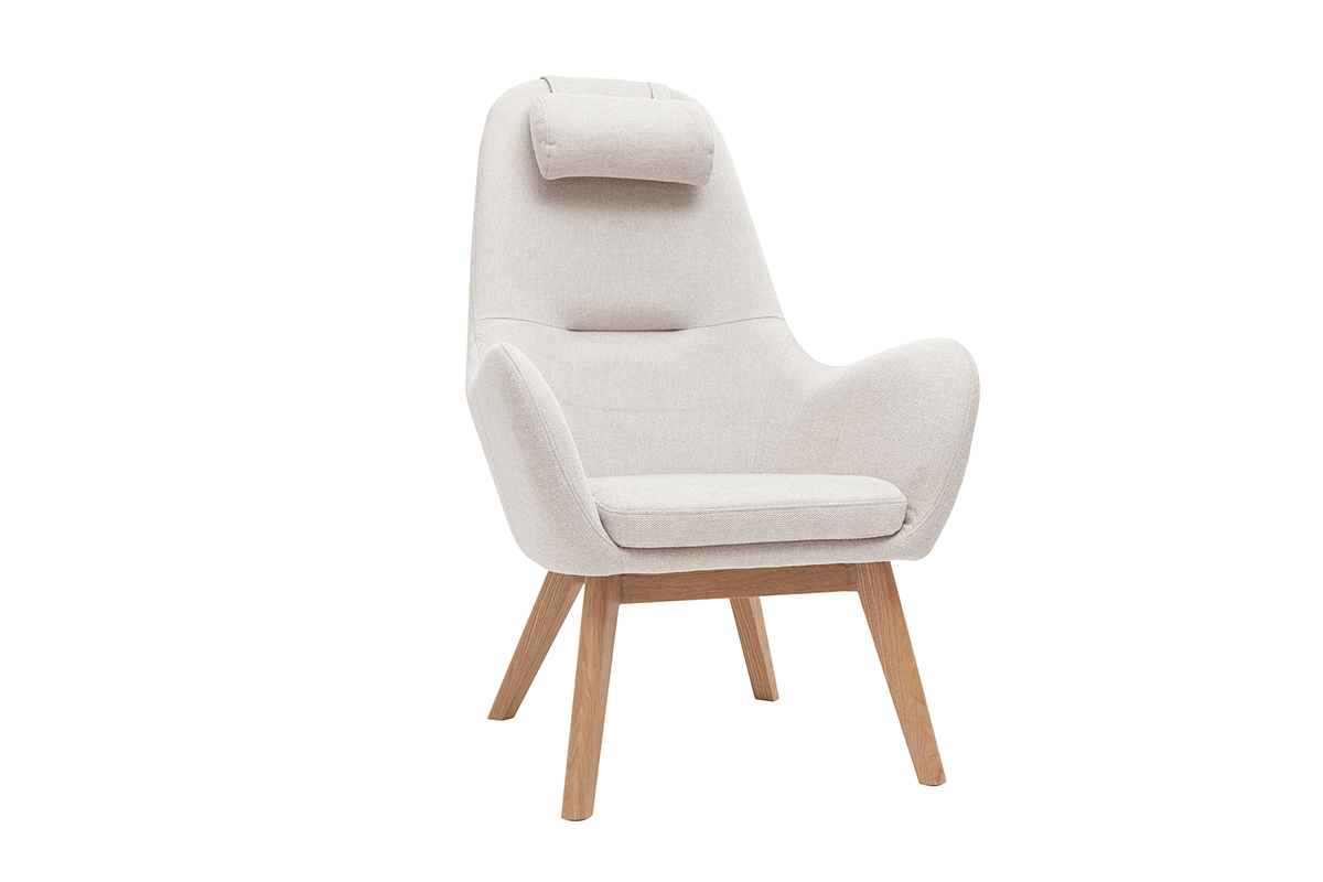 Fauteuil scandinave en tissu beige et bois clair MANIA