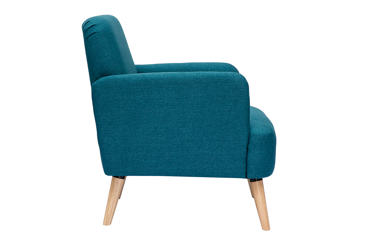 Fauteuil scandinave en tissu bleu canard et bois clair ISKO