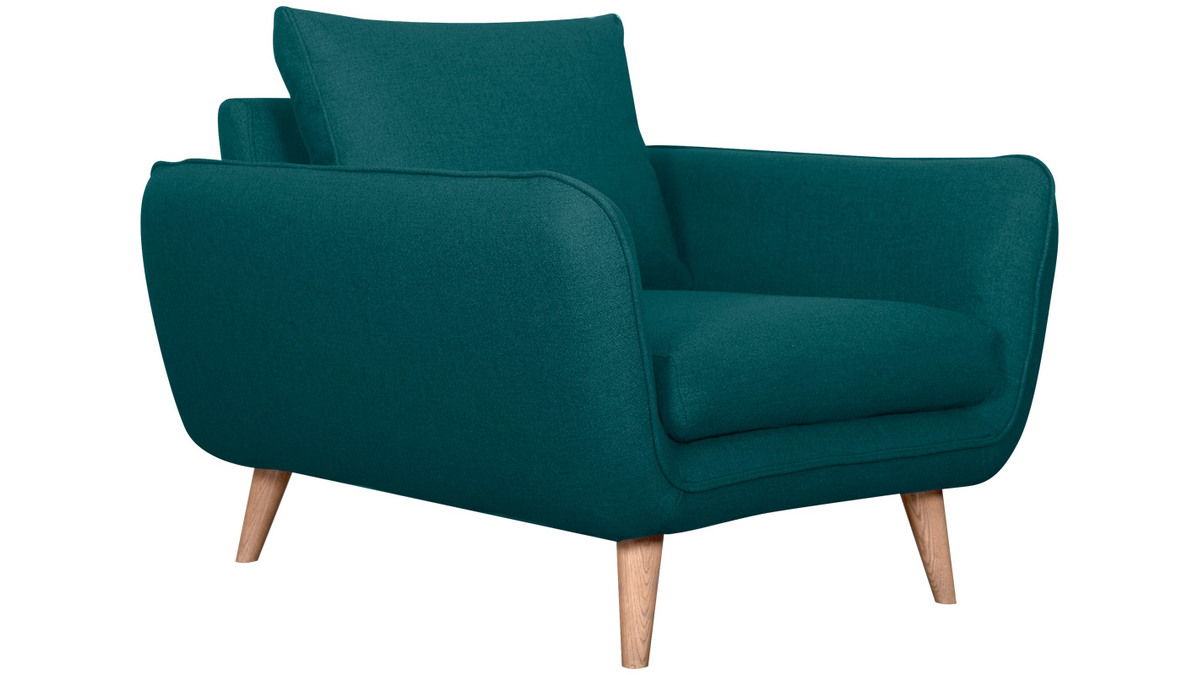 Fauteuil scandinave en tissu bleu paon et bois clair CREEP