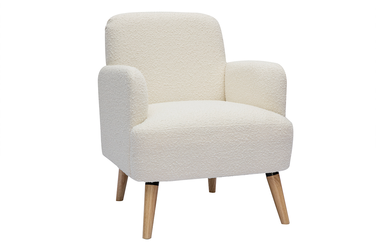 Fauteuil scandinave en tissu effet laine boucle blanc cass et bois clair ISKO