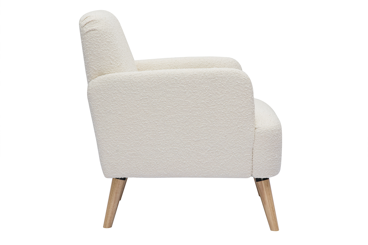 Fauteuil scandinave en tissu effet laine boucle blanc cass et bois clair ISKO