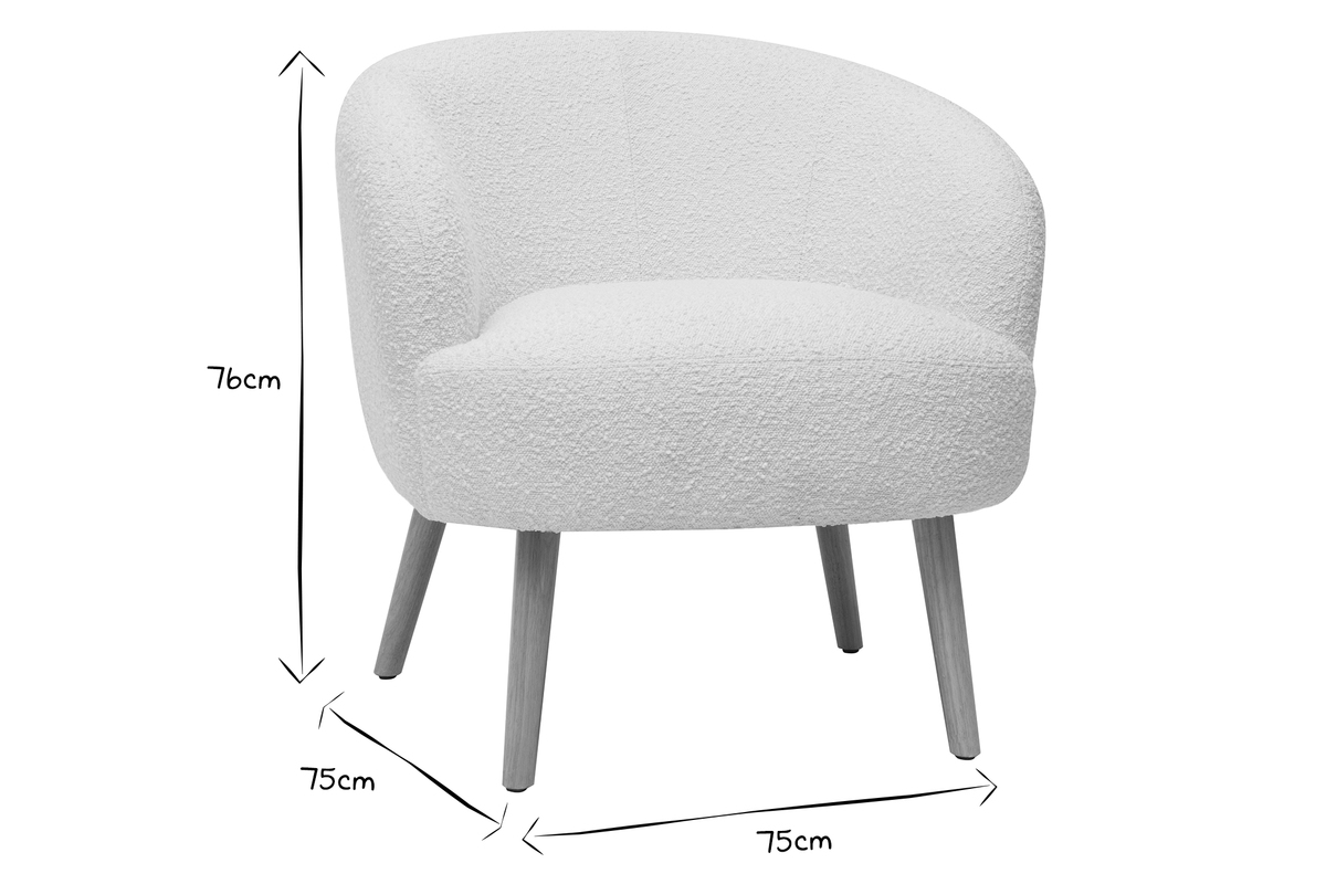 Fauteuil scandinave en tissu effet laine boucle blanc cass et bois clair MAGGIE