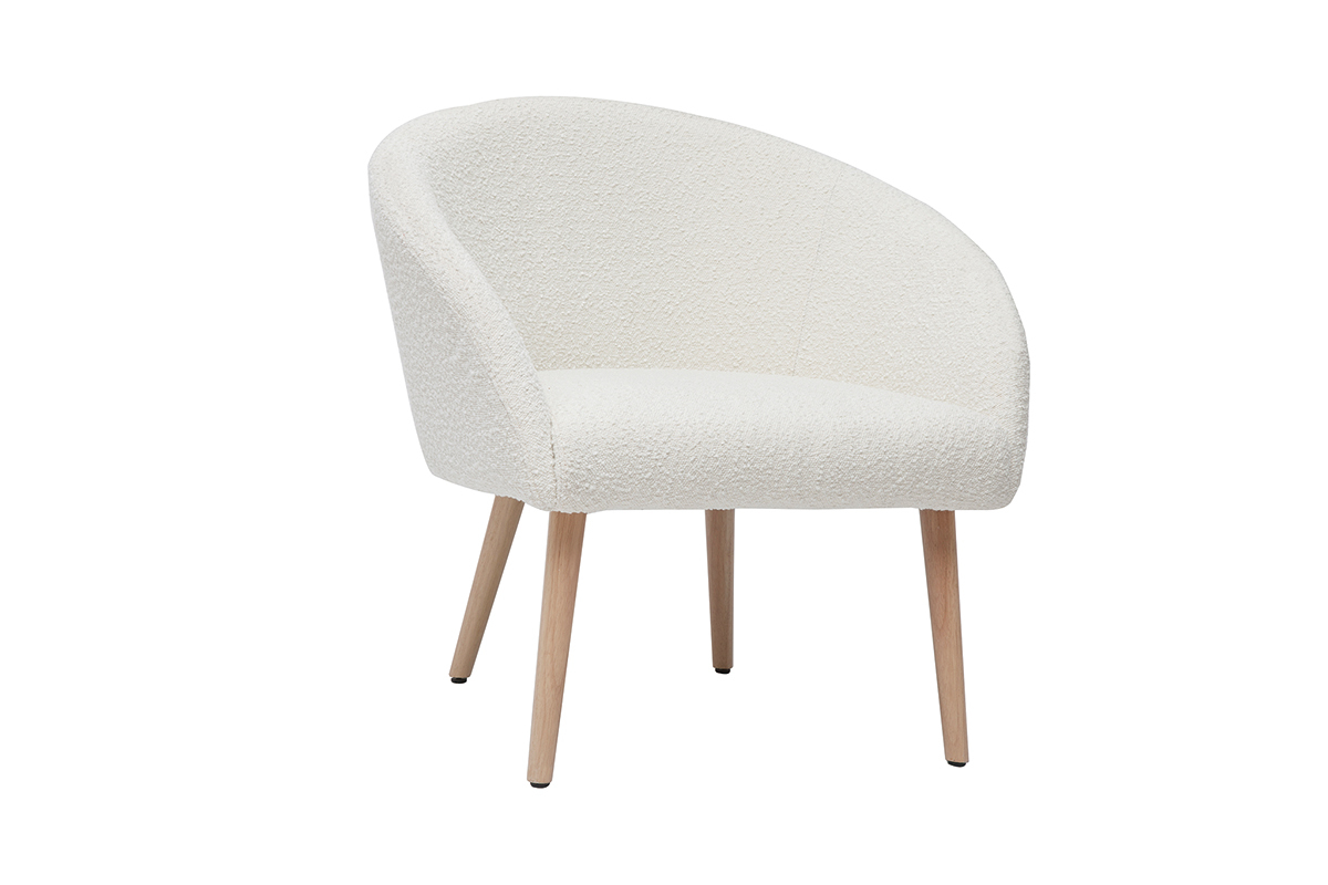 Fauteuil scandinave en tissu effet laine boucle blanc cass et bois clair OLIVIA