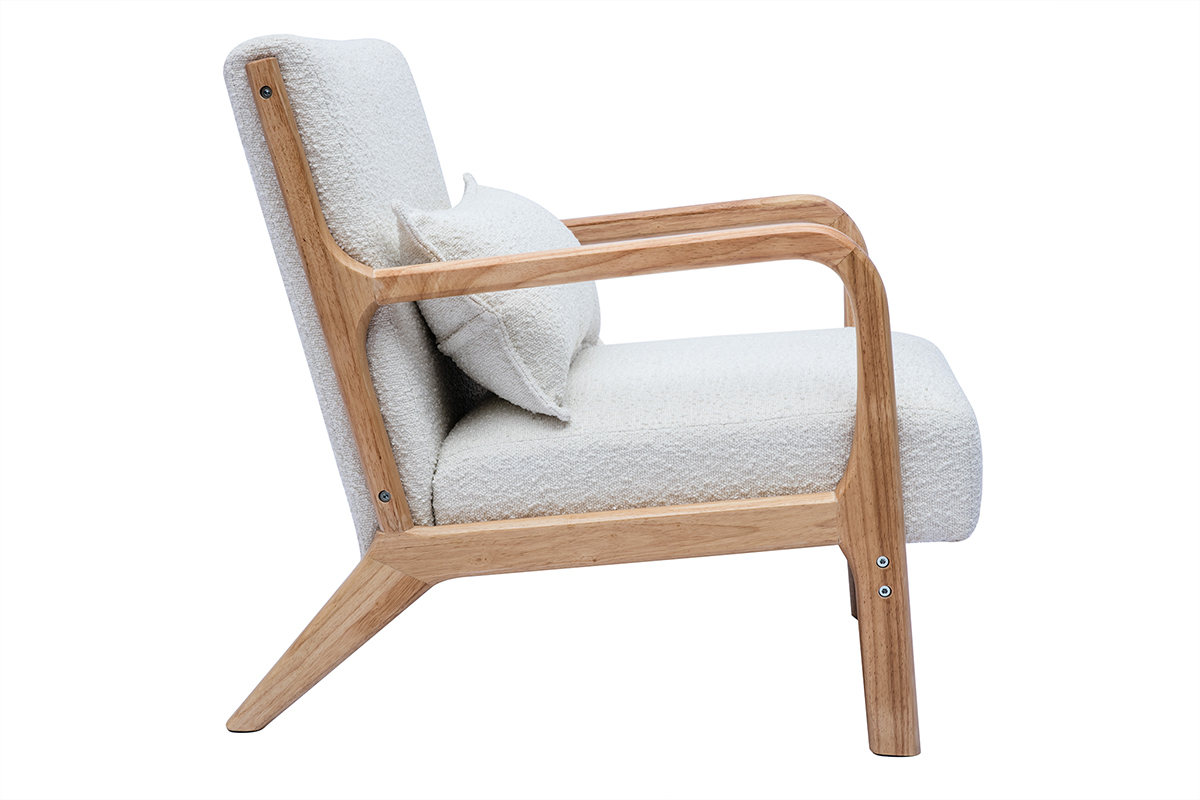 Fauteuil scandinave en tissu effet laine boucle blanc et bois clair massif DERRY