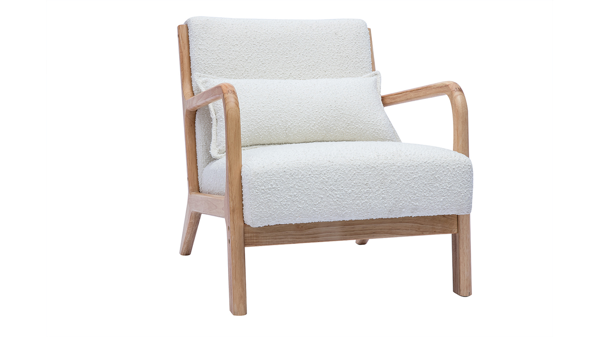 Fauteuil scandinave en tissu effet laine boucle blanc et bois clair massif DERRY