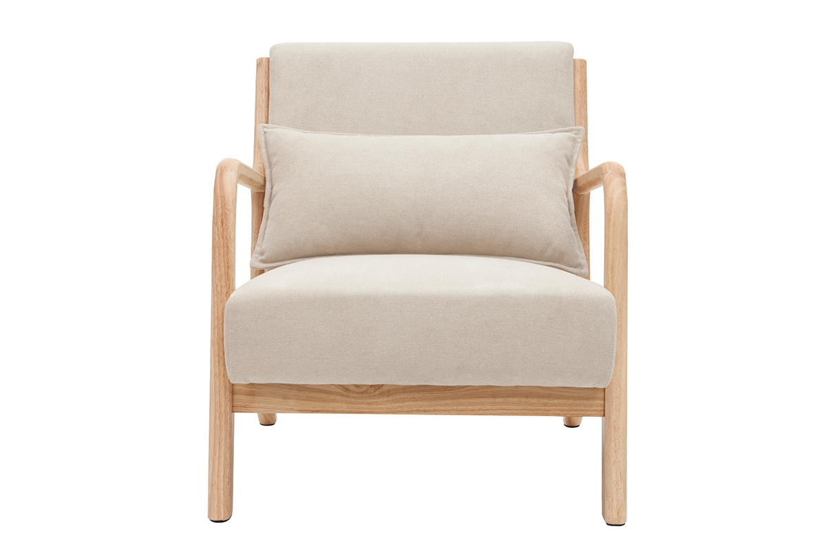 Fauteuil scandinave en tissu effet velours beige et bois clair massif DERRY