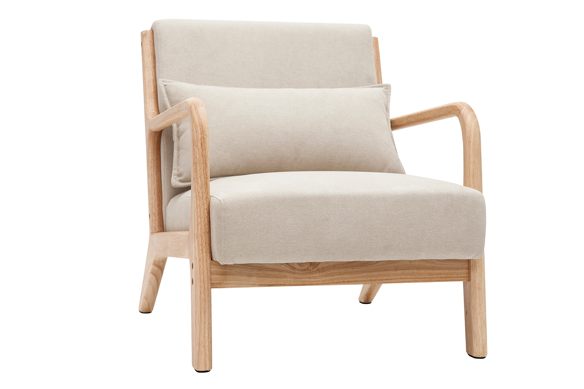 Fauteuil scandinave en tissu effet velours beige et bois clair massif DERRY