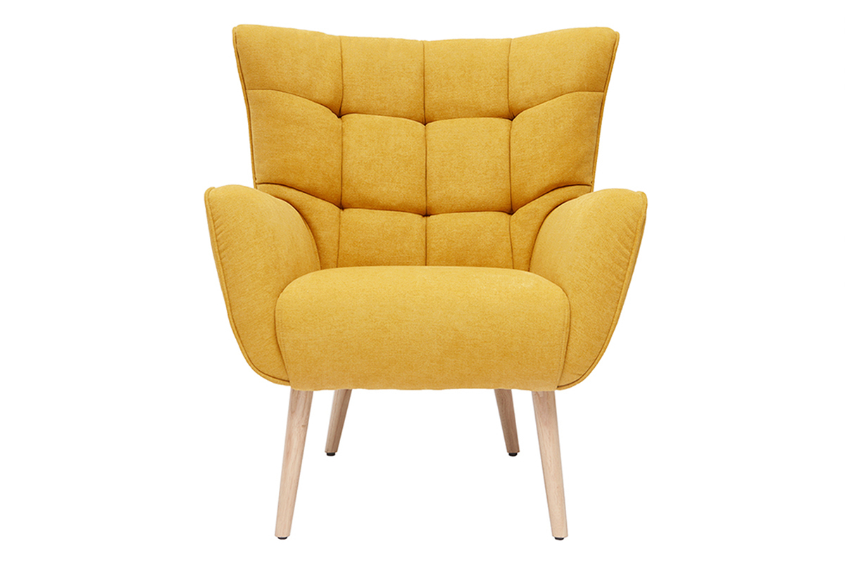 Fauteuil scandinave en tissu effet velours jaune moutarde et bois clair AVERY