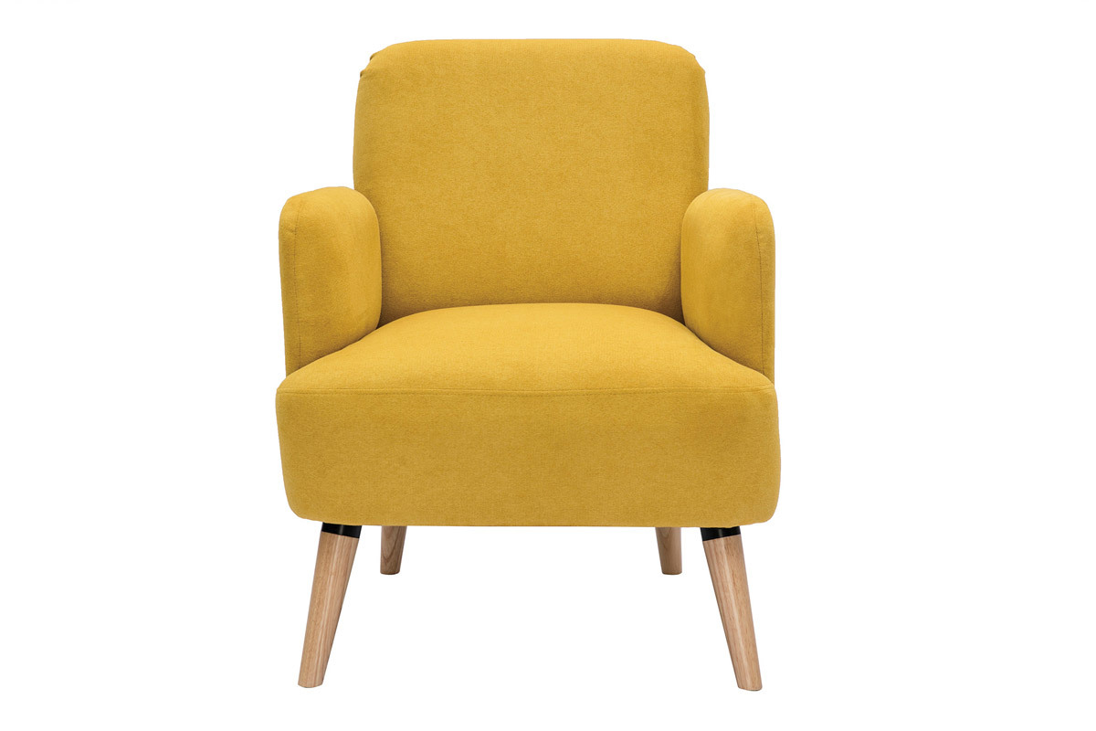 Fauteuil scandinave en tissu effet velours jaune moutarde et bois clair ISKO