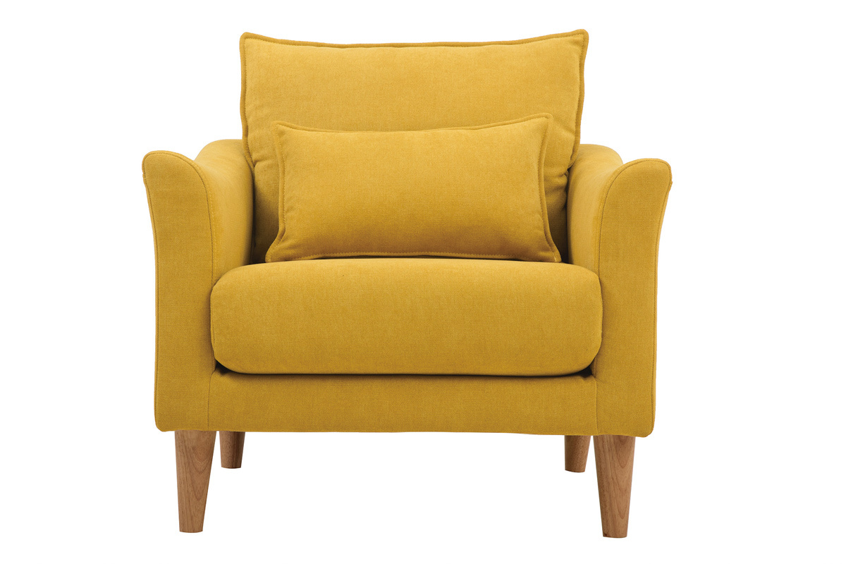 Fauteuil scandinave en tissu effet velours jaune moutarde et bois clair KATE