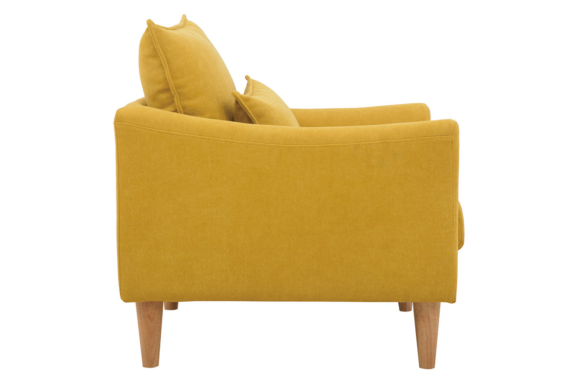 Fauteuil scandinave en tissu effet velours jaune moutarde et bois clair KATE