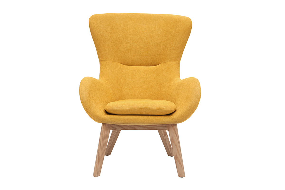 Fauteuil scandinave en tissu effet velours jaune moutarde et bois ESKUA