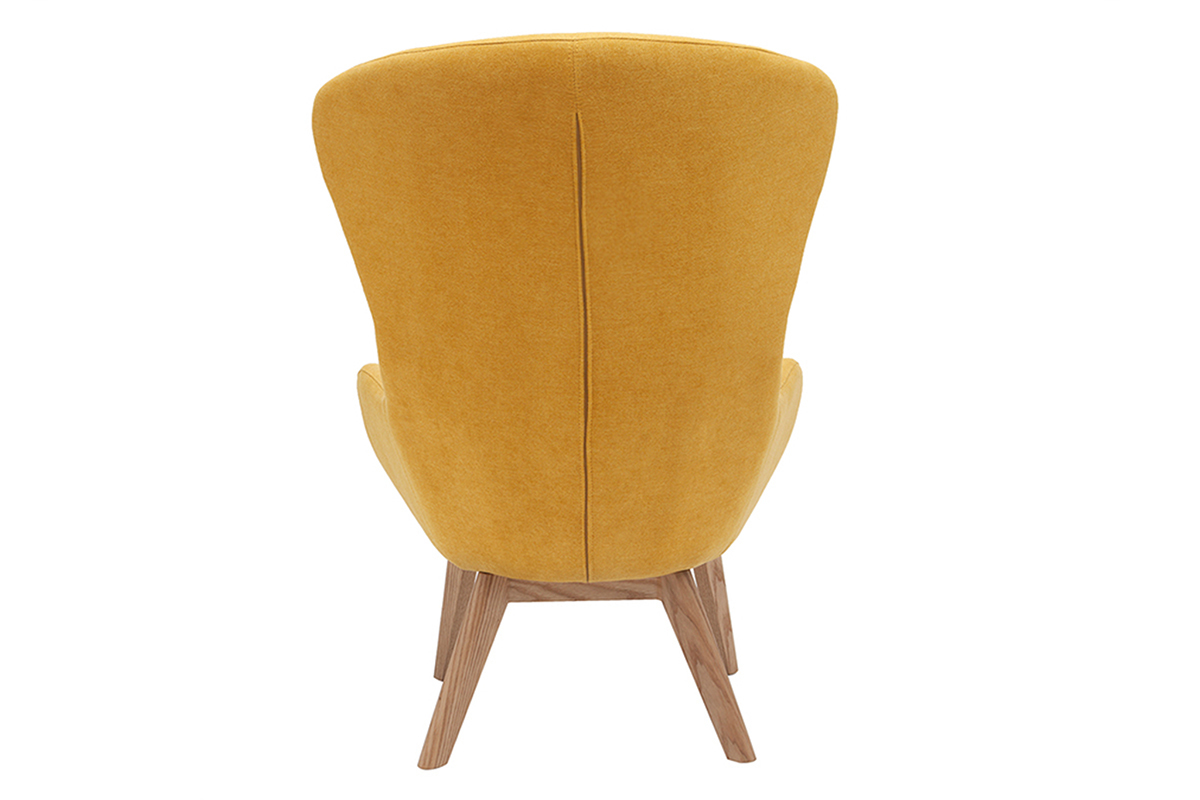 Fauteuil scandinave en tissu effet velours jaune moutarde et bois ESKUA