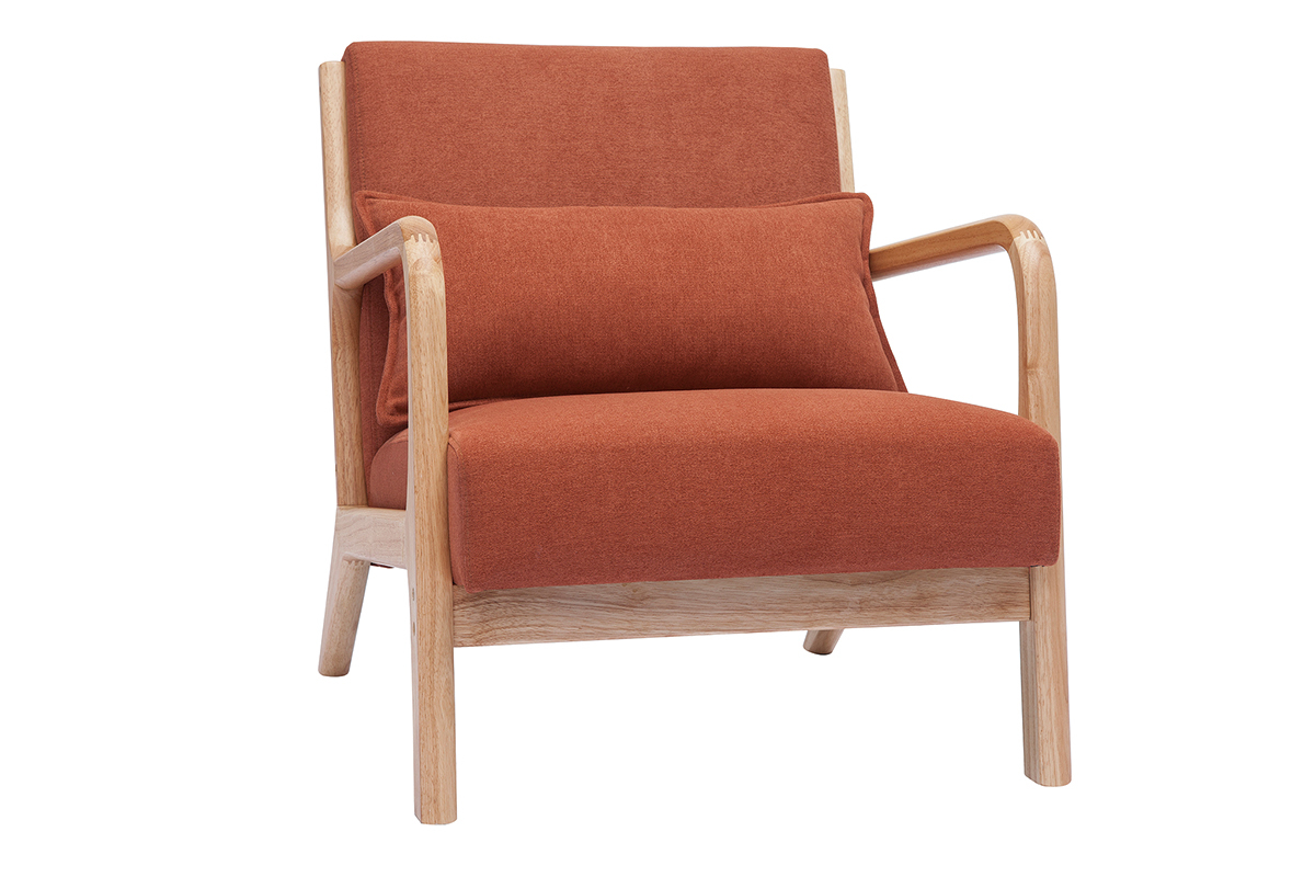 Fauteuil scandinave en tissu effet velours terre brle et bois clair massif DERRY