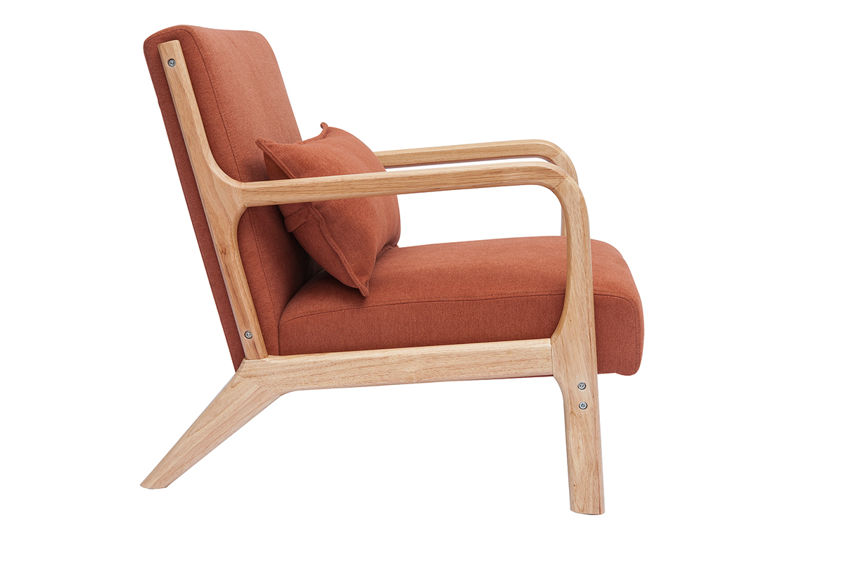 Fauteuil scandinave en tissu effet velours terre brle et bois clair massif DERRY