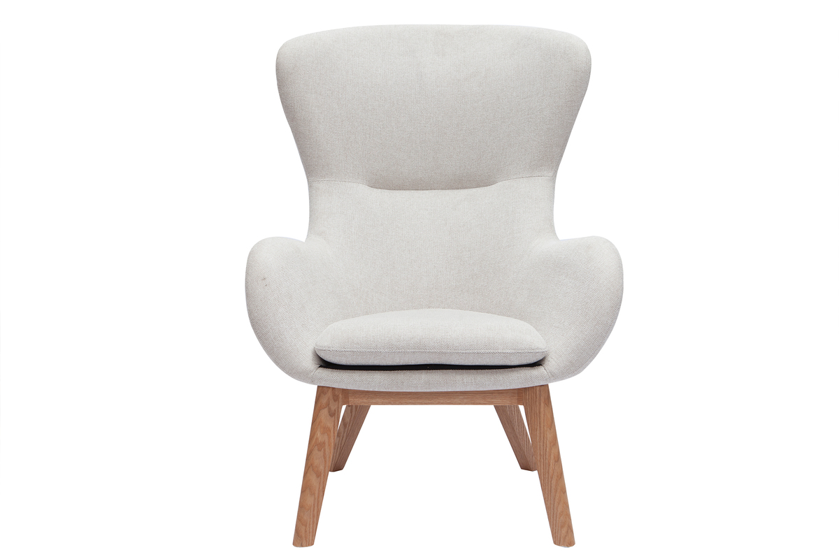 Fauteuil scandinave en tissu effet velours textur beige et bois clair ESKUA