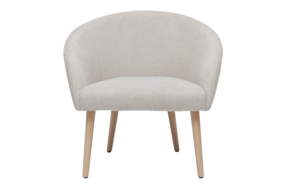 Fauteuil scandinave en tissu effet velours textur beige et bois clair OLIVIA