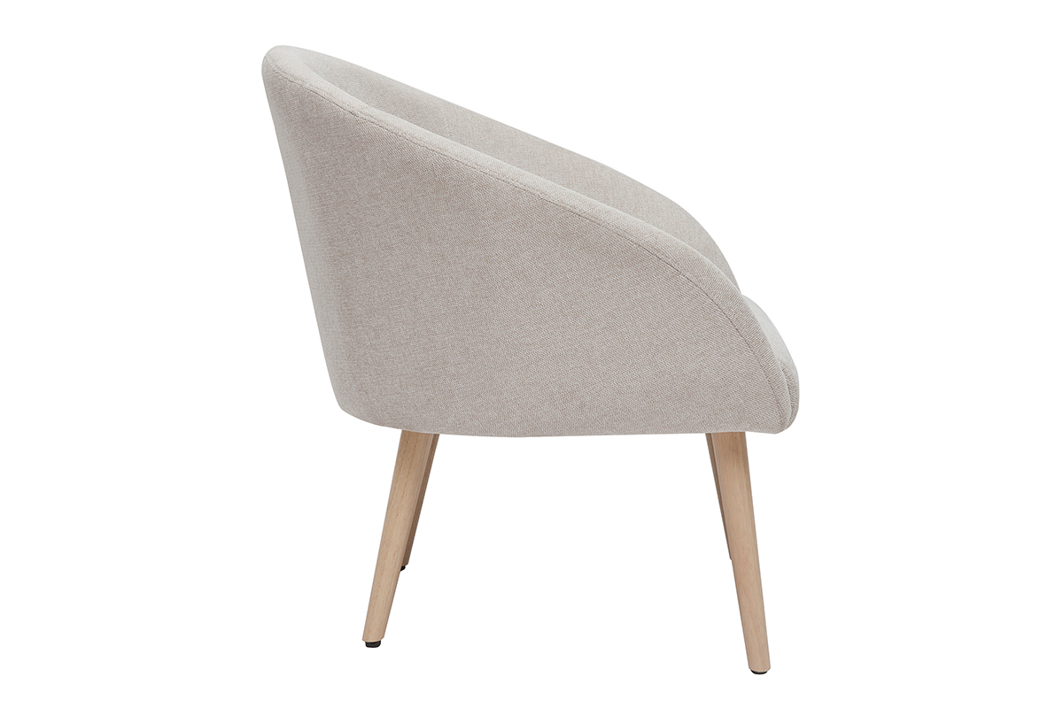 Fauteuil scandinave en tissu effet velours textur beige et bois clair OLIVIA