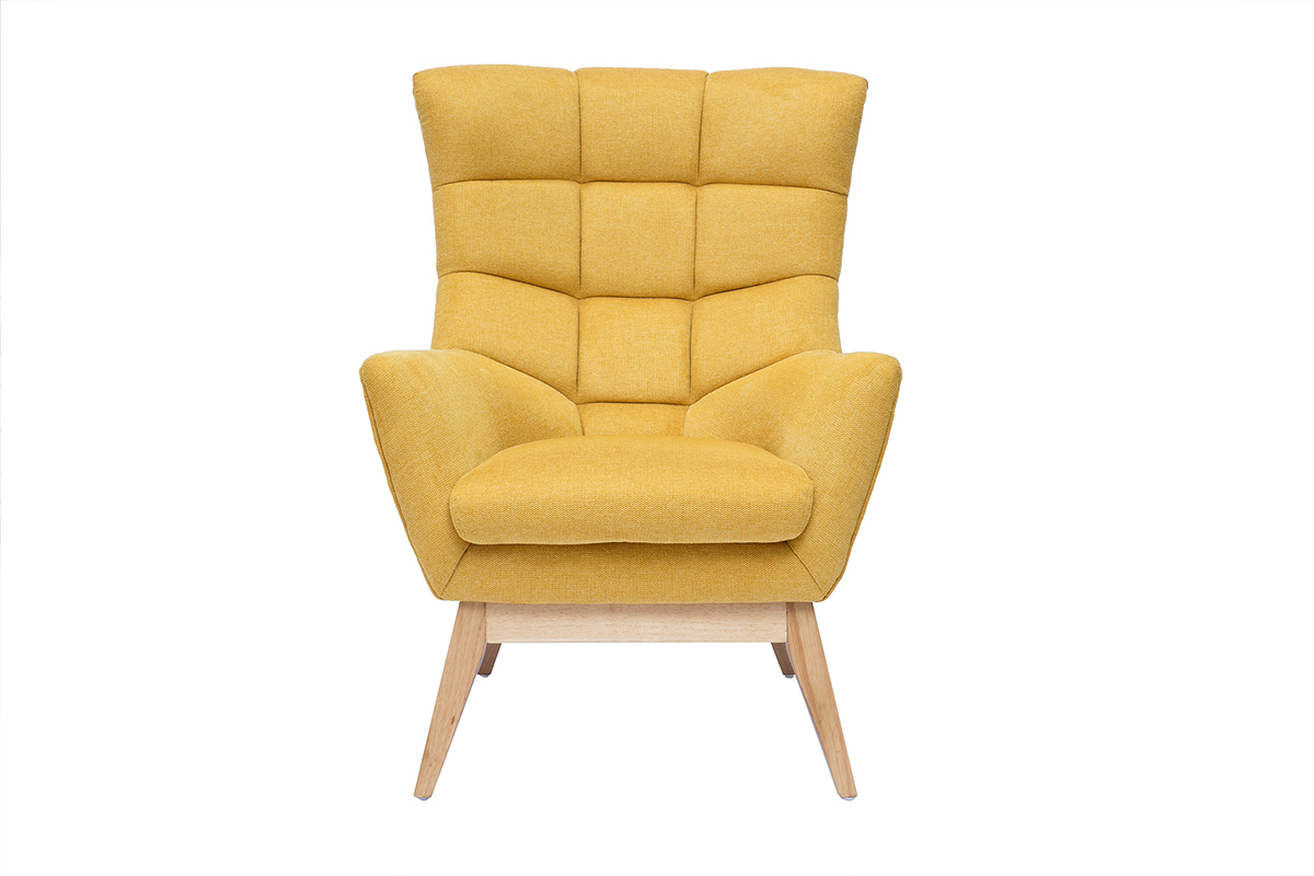 Fauteuil scandinave en tissu effet velours textur jaune moutarde et bois clair BRODY