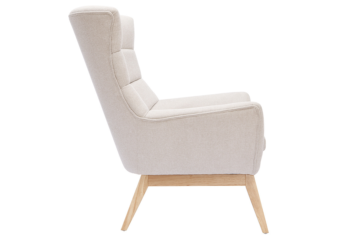 Fauteuil scandinave en tissu effet velours textur naturel et bois clair BRODY