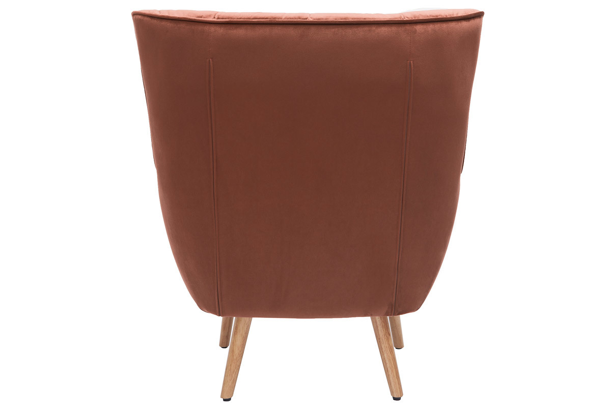 Fauteuil scandinave en tissu velours rouge tomette et bois clair AVERY