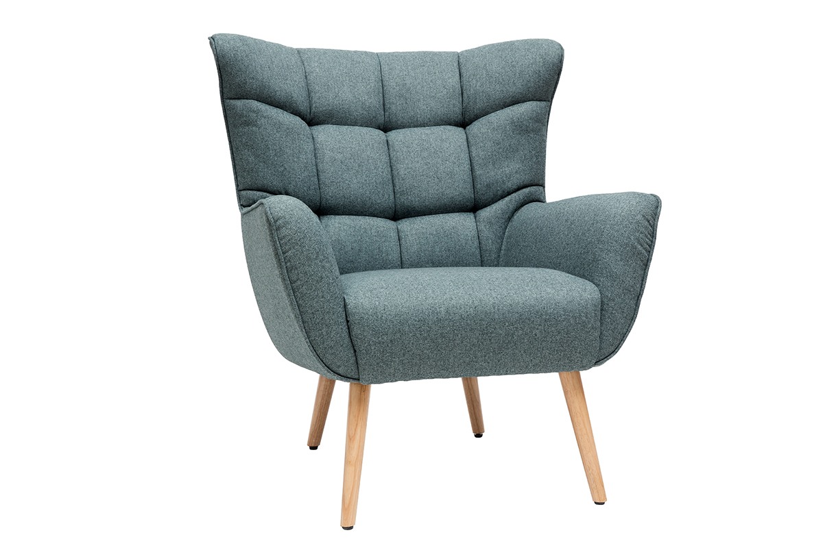 Fauteuil scandinave en tissu vert de gris et bois clair AVERY