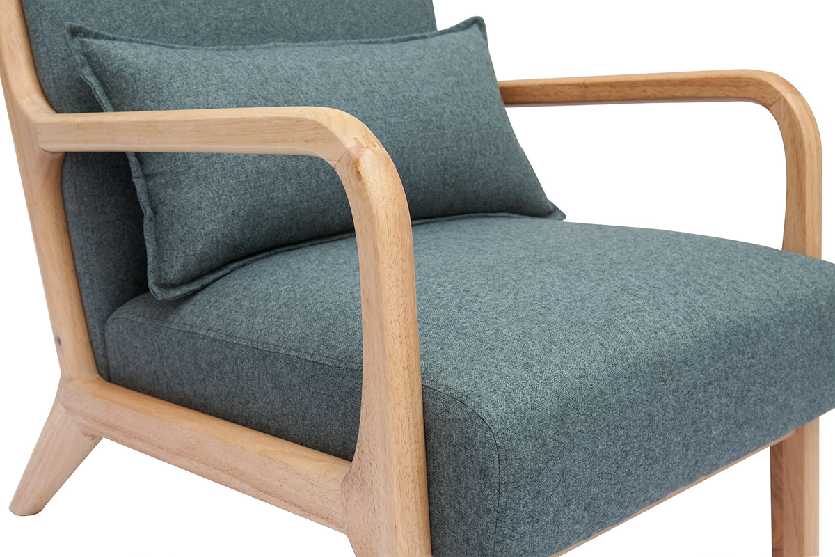 Fauteuil scandinave en tissu vert de gris et bois clair massif DERRY