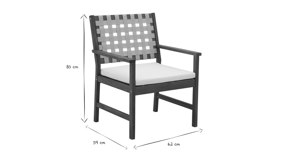 Fauteuils de jardin en bois massif avec coussin blanc et sangles beiges (lot de 2) SANTANA