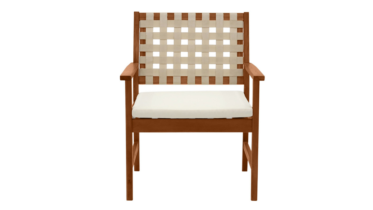 Fauteuils de jardin en bois massif avec coussin blanc et sangles beiges (lot de 2) SANTANA