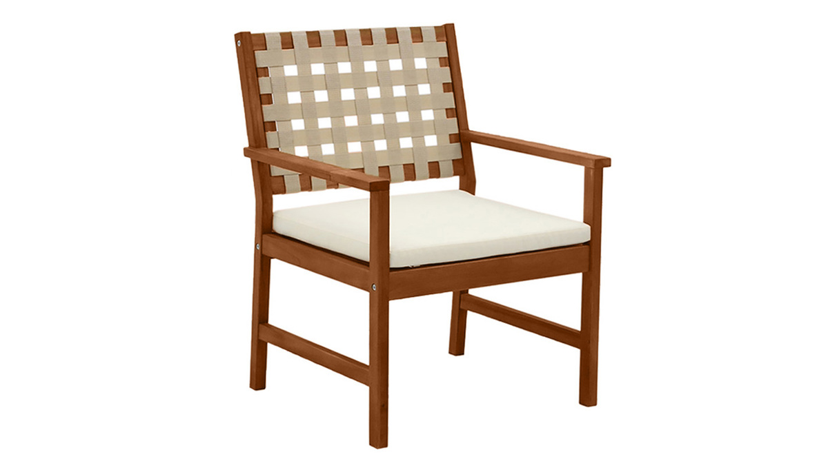 Fauteuils de jardin en bois massif avec coussin blanc et sangles beiges (lot de 2) SANTANA