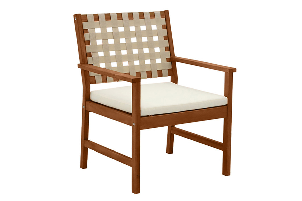 Fauteuils de jardin en bois massif avec coussin blanc et sangles beiges (lot de 2) SANTANA