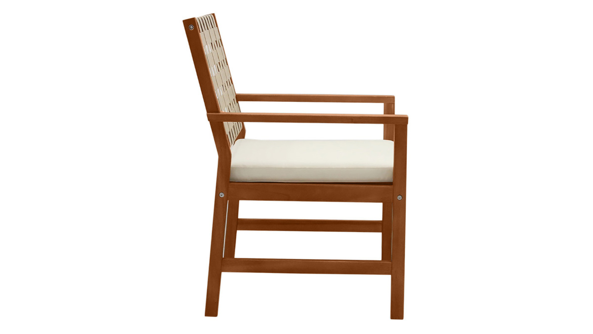 Fauteuils de jardin en bois massif avec coussin blanc et sangles beiges (lot de 2) SANTANA