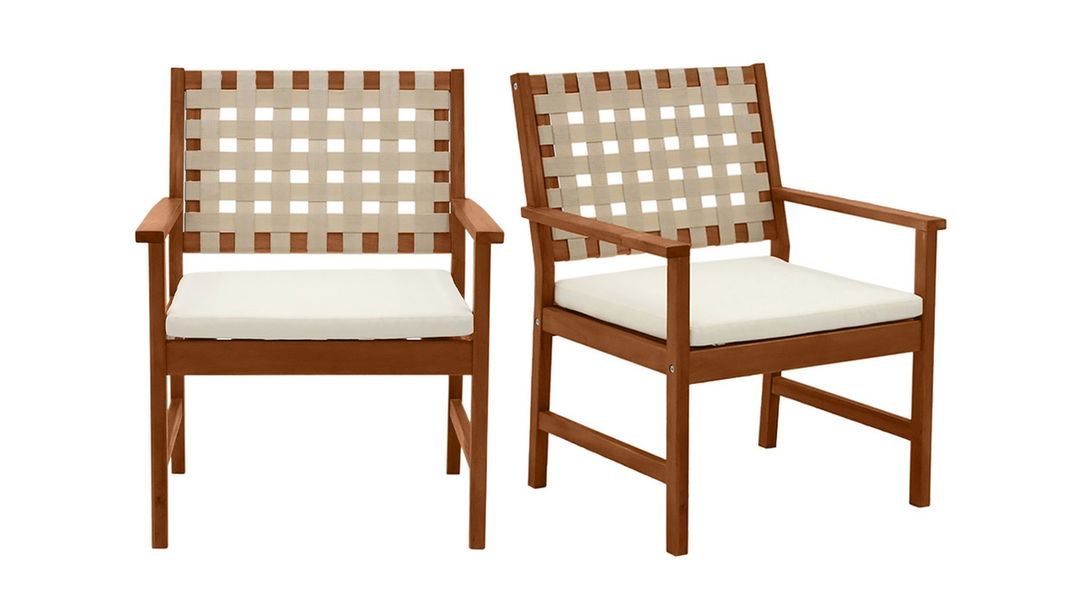 Fauteuils de jardin en bois massif avec coussin blanc et sangles beiges (lot de 2) SANTANA