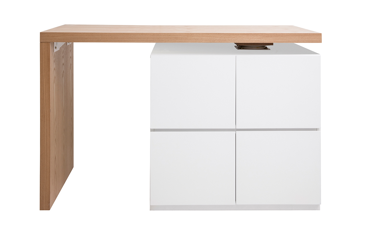 lot - table de bar modulable avec rangement blanc mat et bois clair chne L140-165 cm MAX