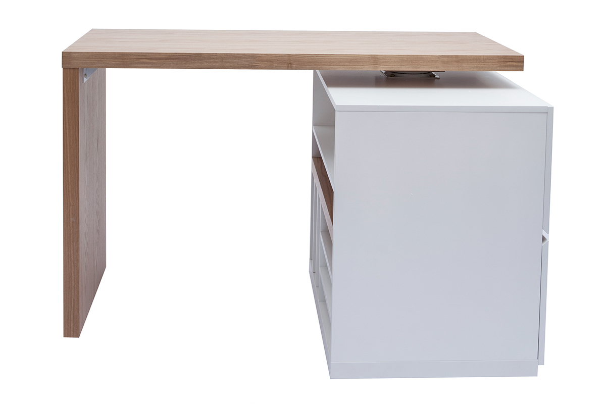 lot - table de bar modulable avec rangement blanc mat et bois clair chne L140-165 cm MAX