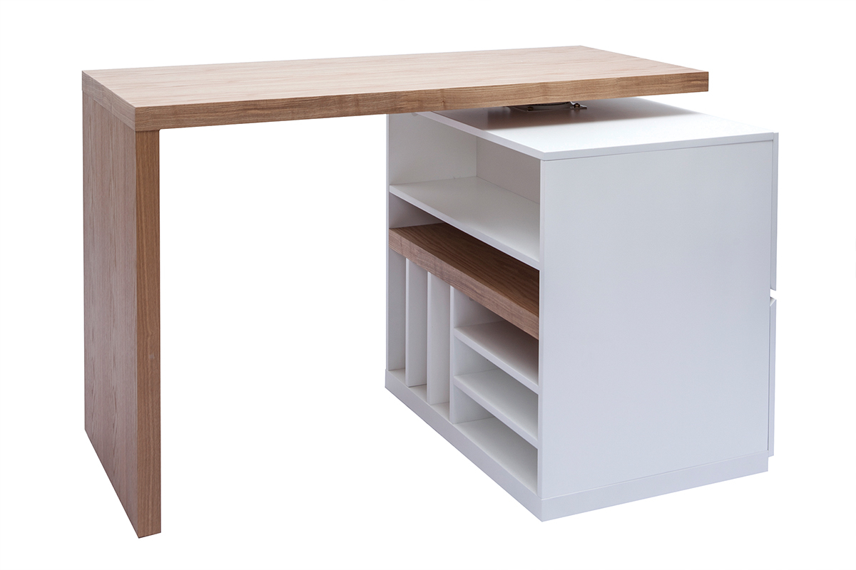 lot - table de bar modulable avec rangement blanc mat et bois clair chne L140-165 cm MAX