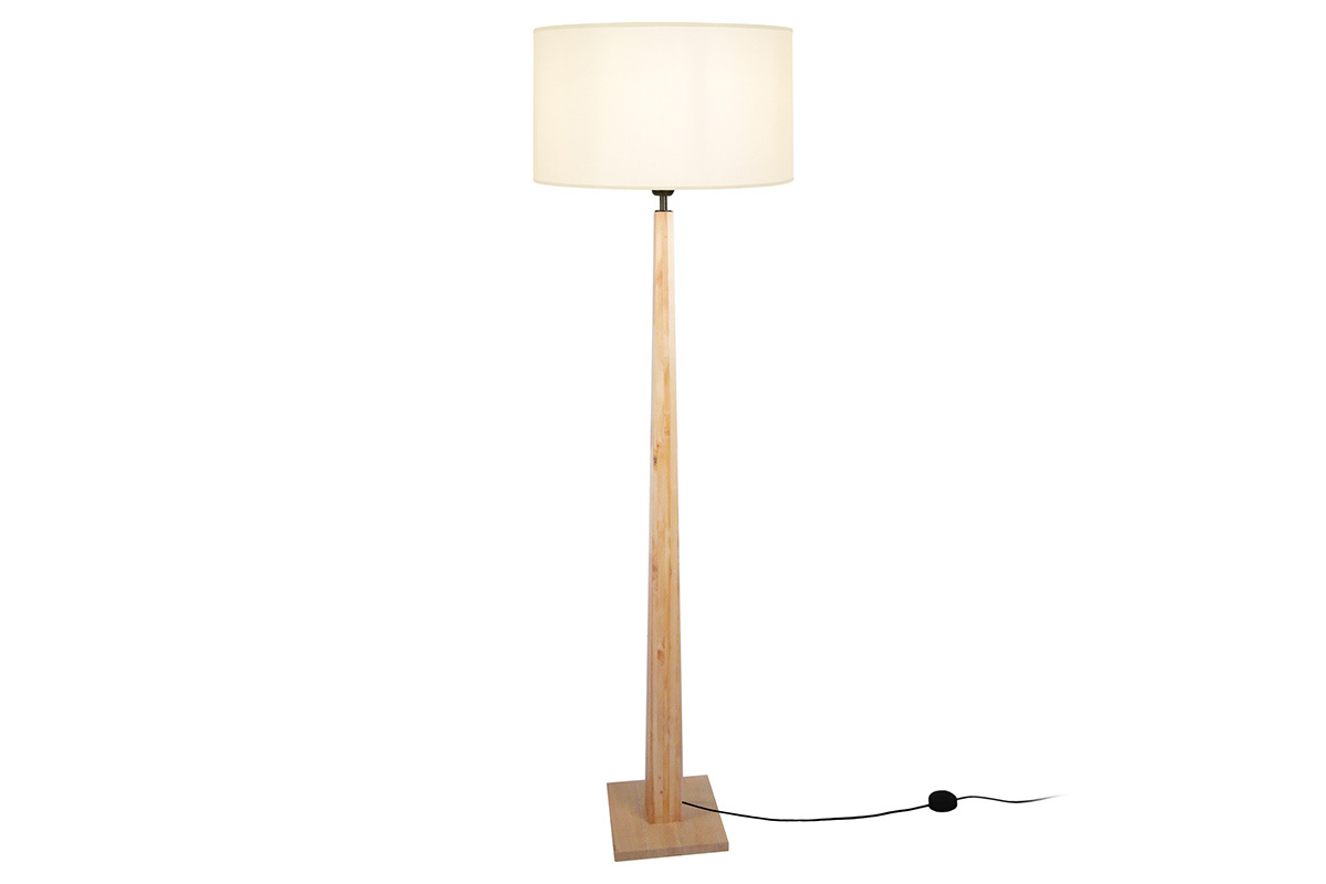 Lampadaire avec abat-jour en tissu cru naturel et bois clair massif H162 cm NIDRA