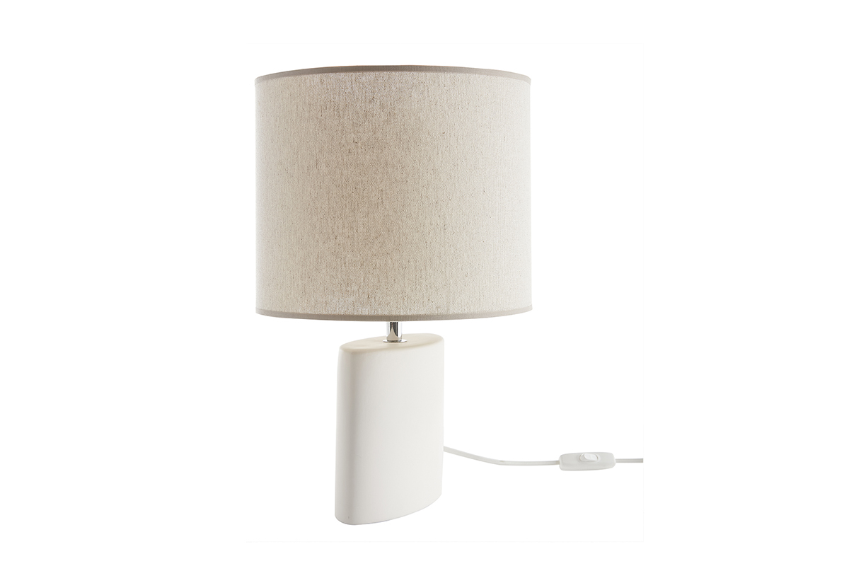 Lampe  poser en cramique blanc mat et abat-jour en lin naturel TIGA