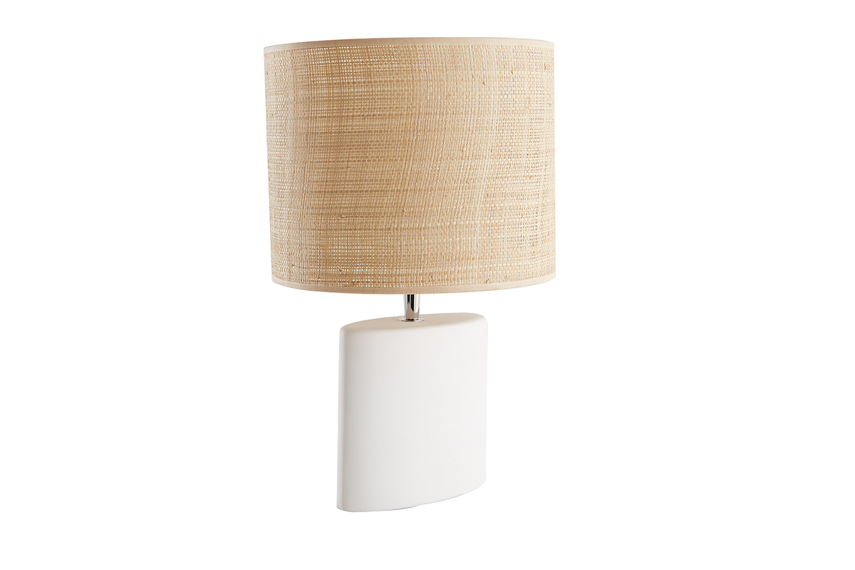 Lampe  poser en cramique blanc mat et abat-jour en raphia naturel H40 cm TIGA