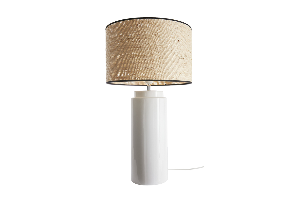 Lampe  poser en cramique maille blanche et abat-jour en raphia naturel H64 cm MAJES