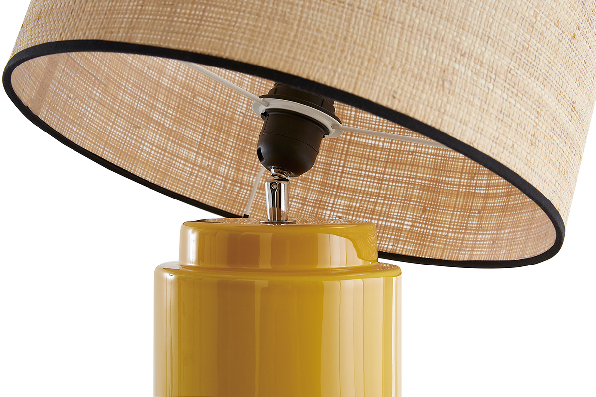 Lampe  poser en cramique maille jaune et abat-jour en raphia naturel H64 cm MAJES