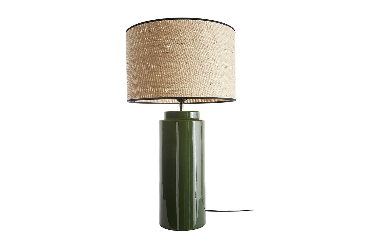 Lampe  poser en cramique maille verte et abat-jour en raphia naturel H64 cm MAJES