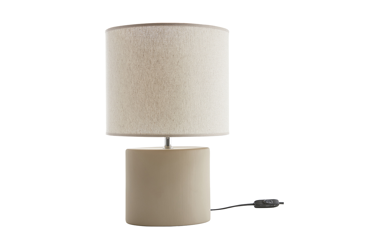 Lampe  poser en cramique taupe mat et abat-jour en lin naturel TIGA