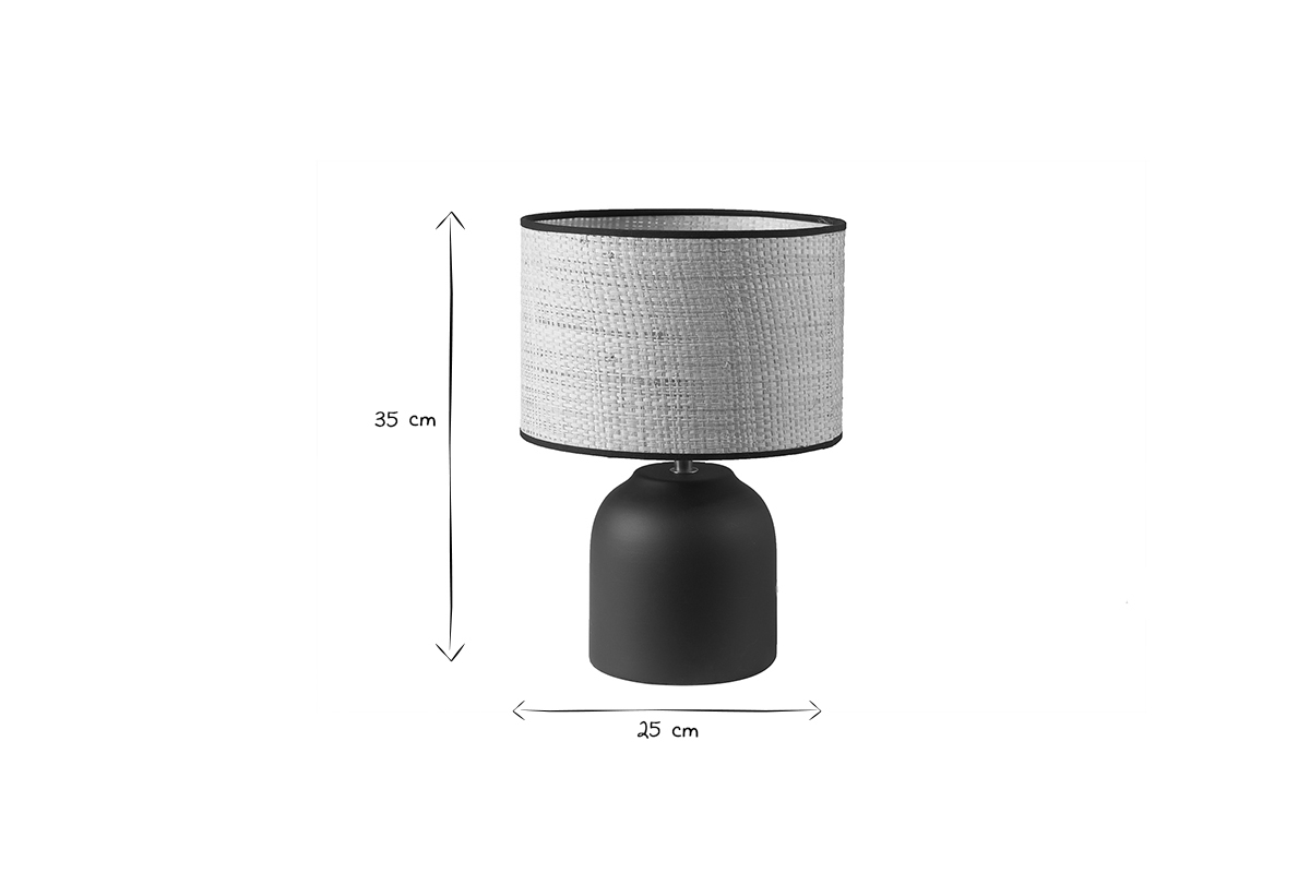 Lampe  poser noire en cramique mate et abat-jour en raphia H35 cm ROCHA